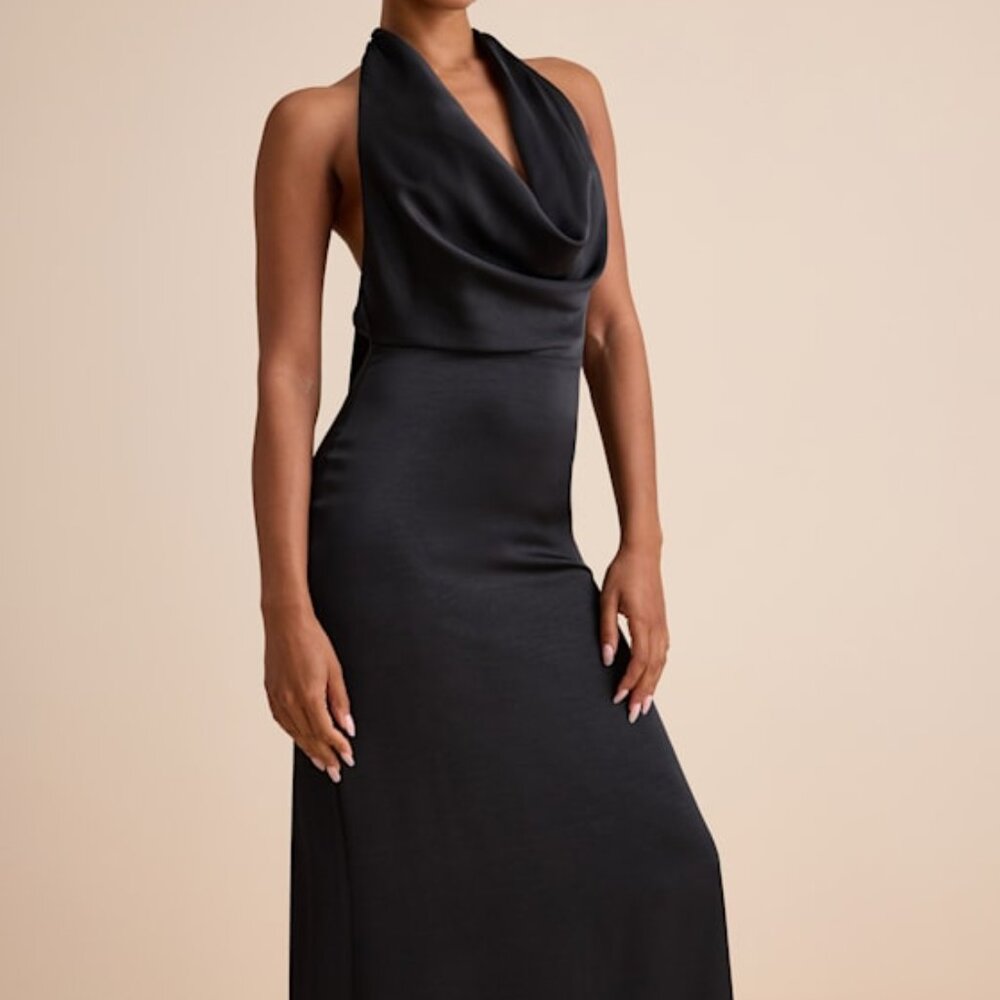 Lulus Carmelo Black Satin Halter Neck Backless Maxi Dress - Size S
